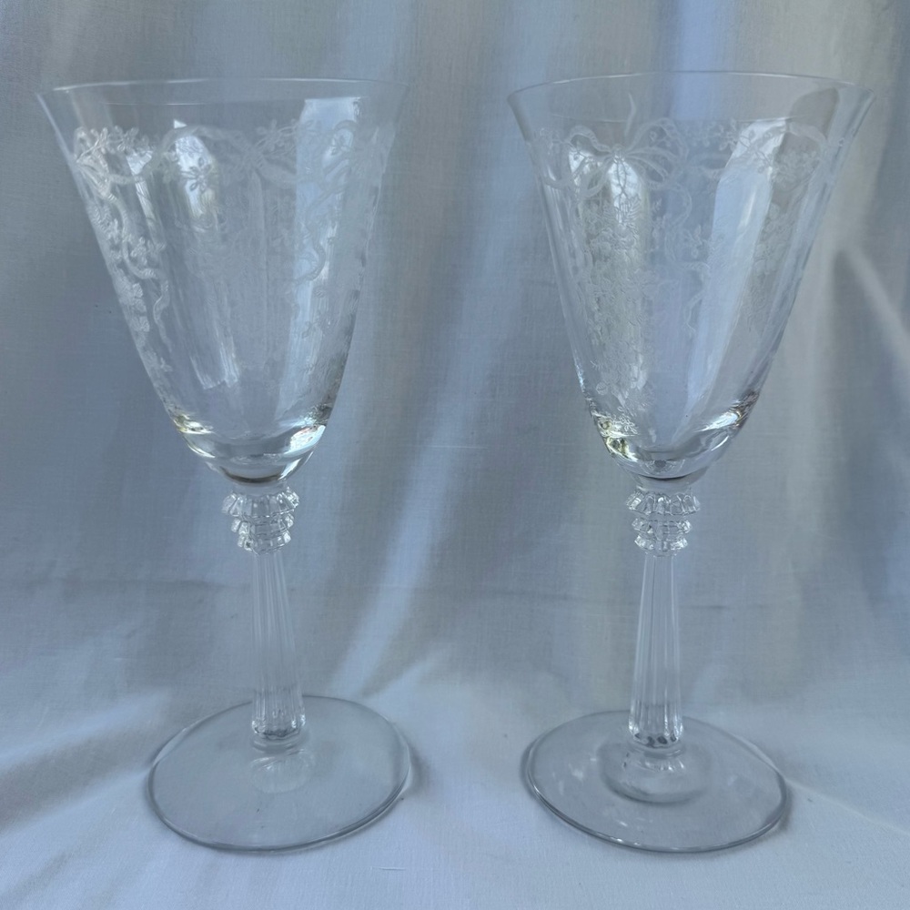 Elegant 1930s Etched Clear Wine Glasses Set of 2 by Fostoria ‘Romance’